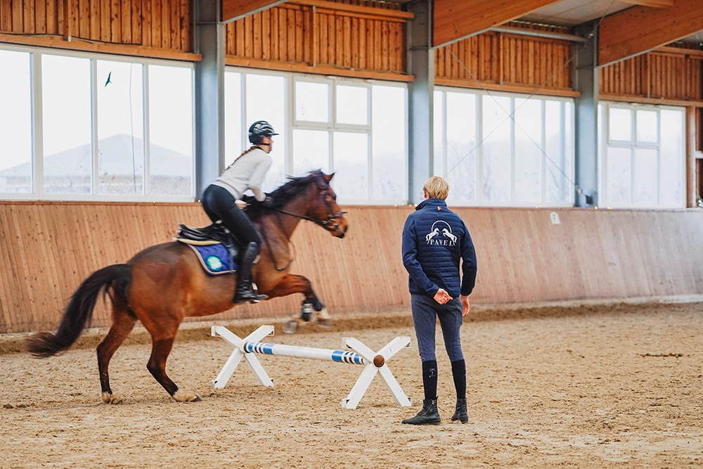 Philipp Pavel und Reitschülerin in Reithalle. reitschülerin übt mit Pferd Springreiten.