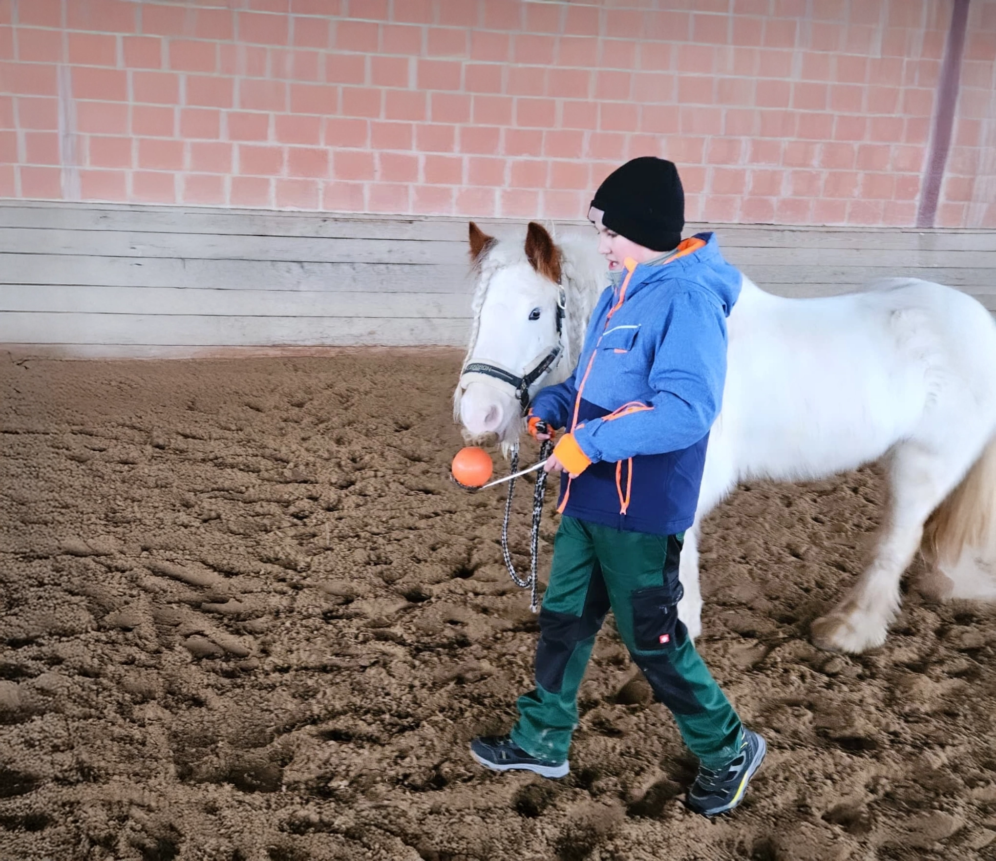 Ein Junge balanciert ein Ball auf einer Kelle und führt gleichzeitig ein Pony